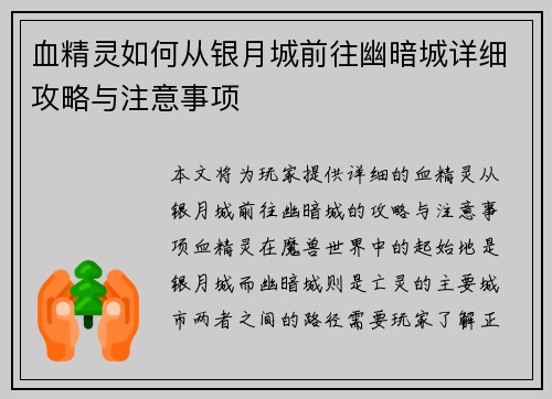 血精灵如何从银月城前往幽暗城详细攻略与注意事项